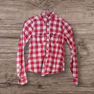 Abercrombie Kids Orange and White Plaid Button-Down Shirt Size 8